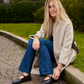 Orsola wearing Le Orsine Brown vegan friulane slippers 
