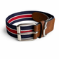 Striped vegan dog collar with a nickel-free buckle and vegan leather detail.