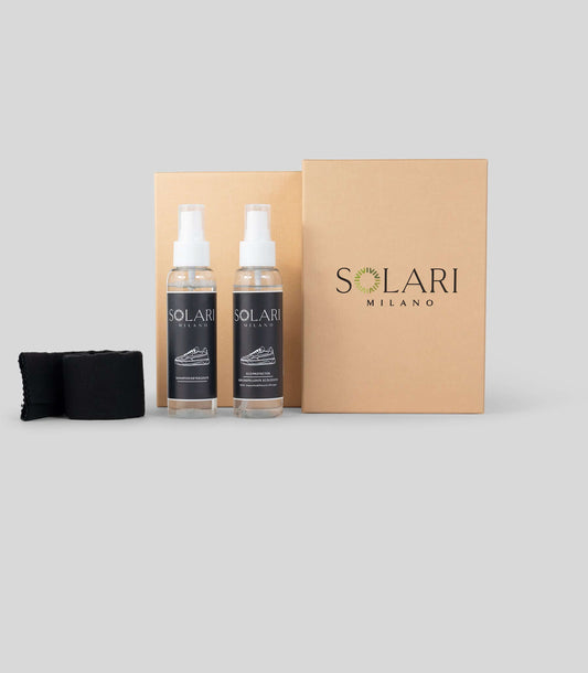 Kit di Pulizia Vegan di Solari Milano con spray idrorepellenti e confezione elegante.