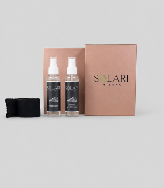 Solari Milano Vegan Shoe Care Kit: water-repellent spray, detergent spray and cloth, made in Italy