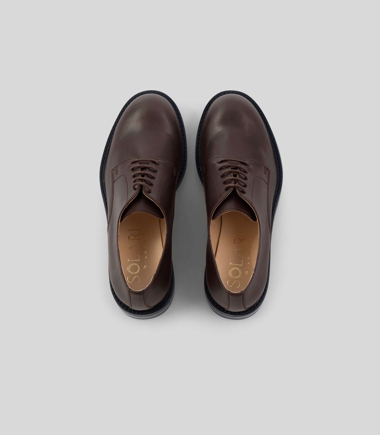 Vegan Derby - Woman shoe by Solari Milano in dark brown, featuring Blake Construction and open lacing system.